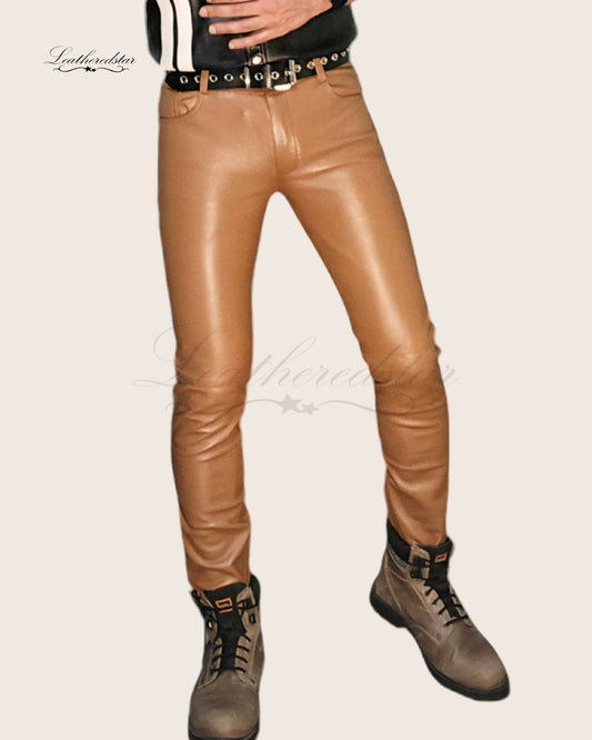 Camel Beige Skin Tight Skinny Leather Jeans
