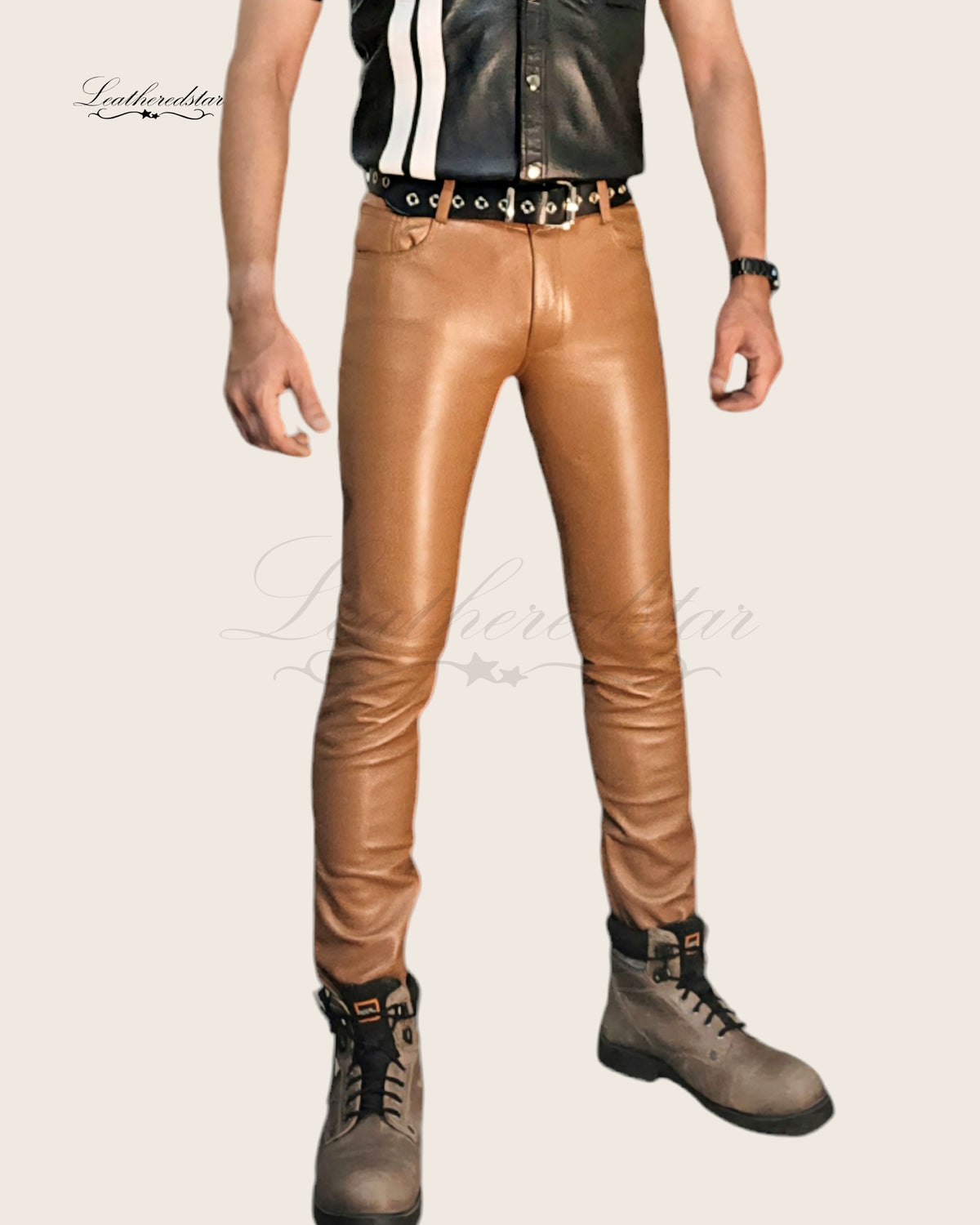 Camel Beige Skin Tight Skinny Leather Jeans