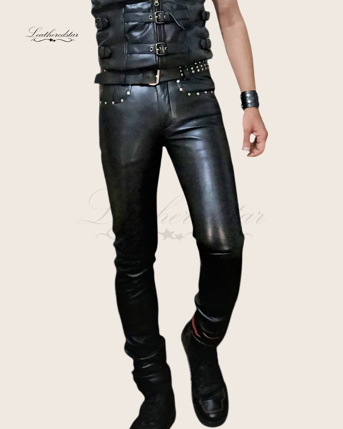 Black Skintight Leather Jeans with Metal Studs