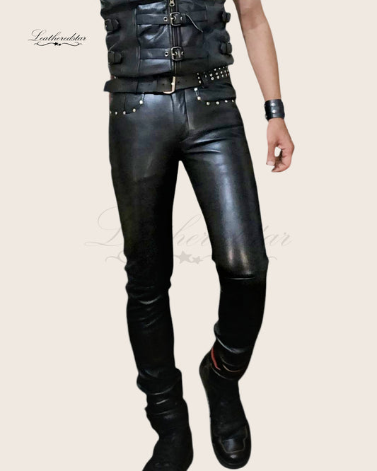 Black Skintight Leather Jeans with Metal Studs
