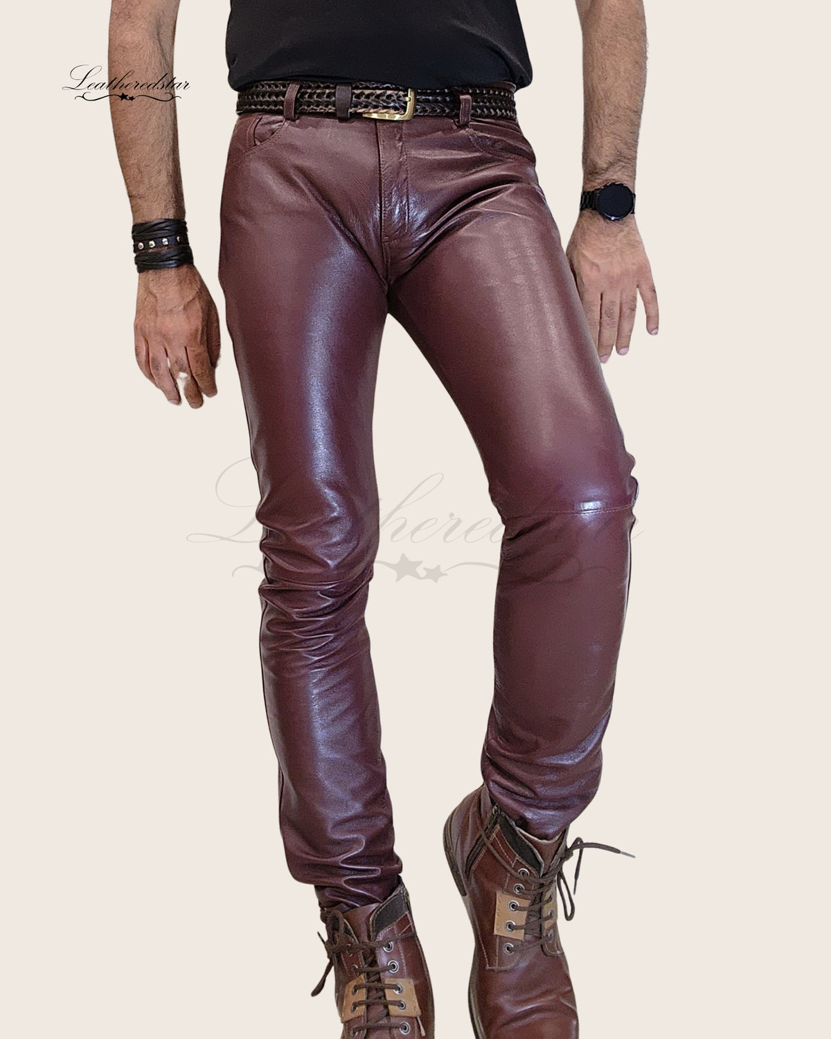 Burgundy Skintight Casual Wear Leather Jeans