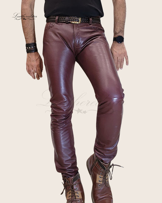 Burgundy Skintight Casual Wear Leather Jeans