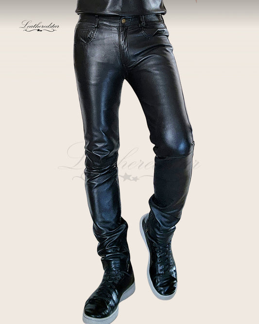 Black Skintight Casual Wear Leather Jeans