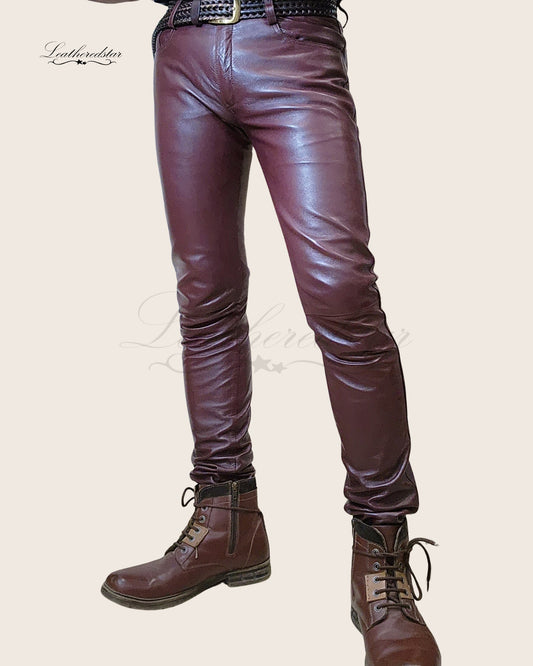 Burgundy Skintight Casual Wear Leather Jeans