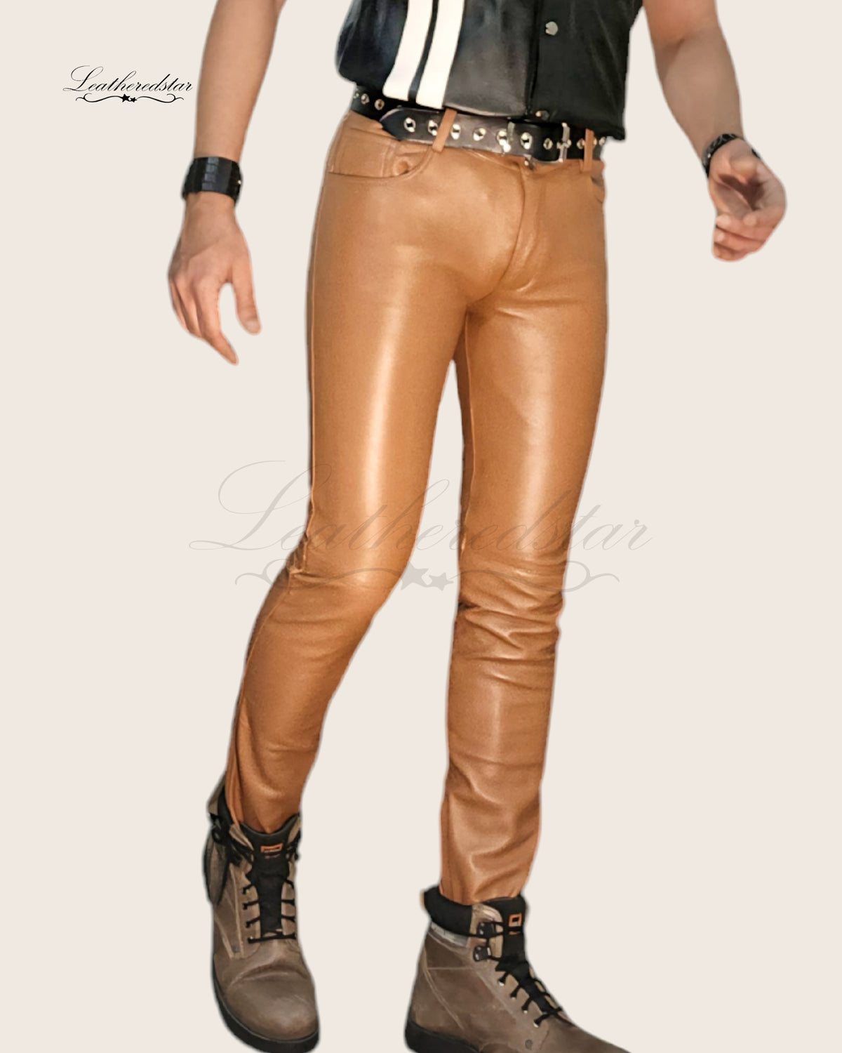 Camel Beige Skin Tight Skinny Leather Jeans