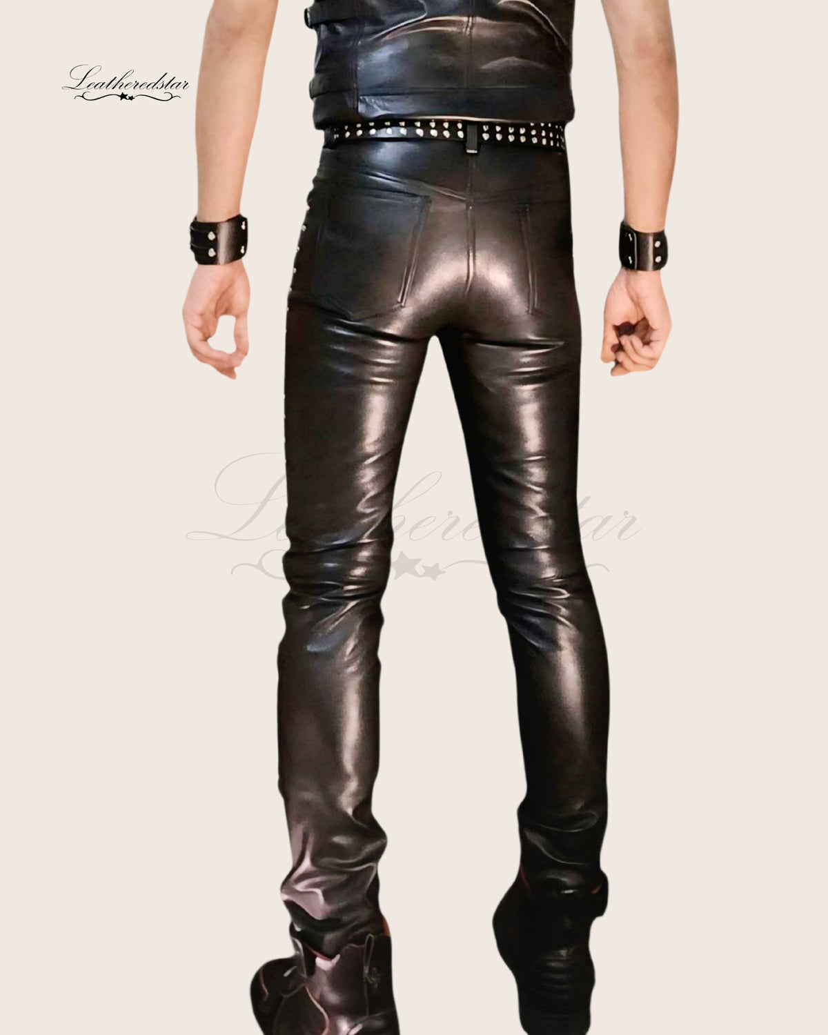 Black Skintight Leather Jeans with Metal Studs