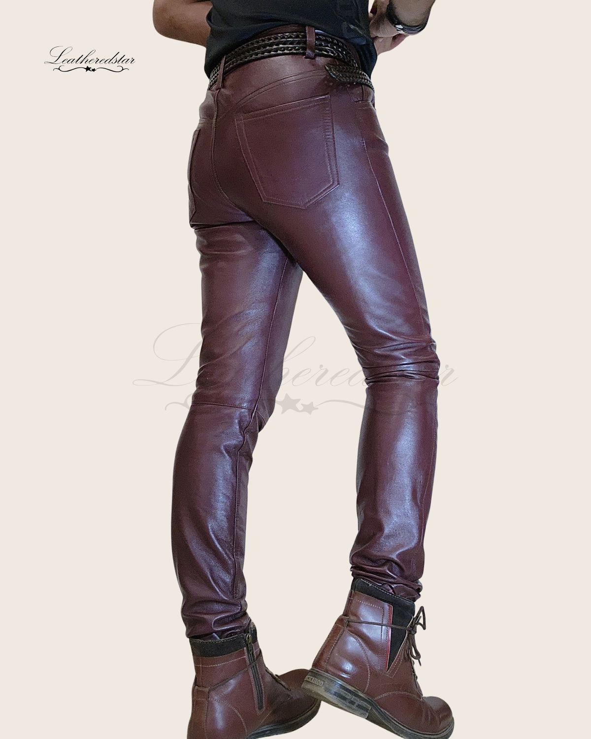 Burgundy Skintight Casual Wear Leather Jeans