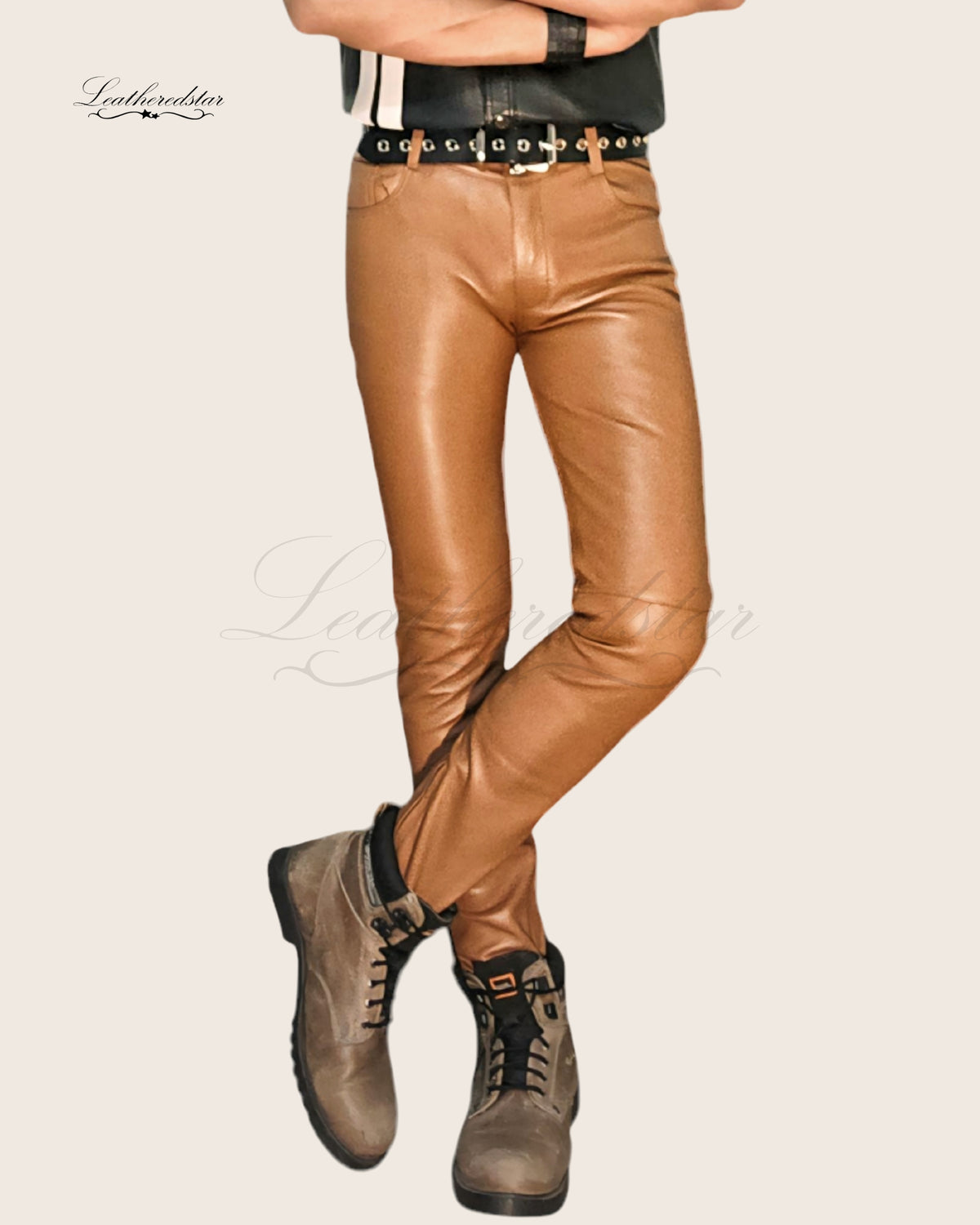 Camel Beige Skin Tight Skinny Leather Jeans