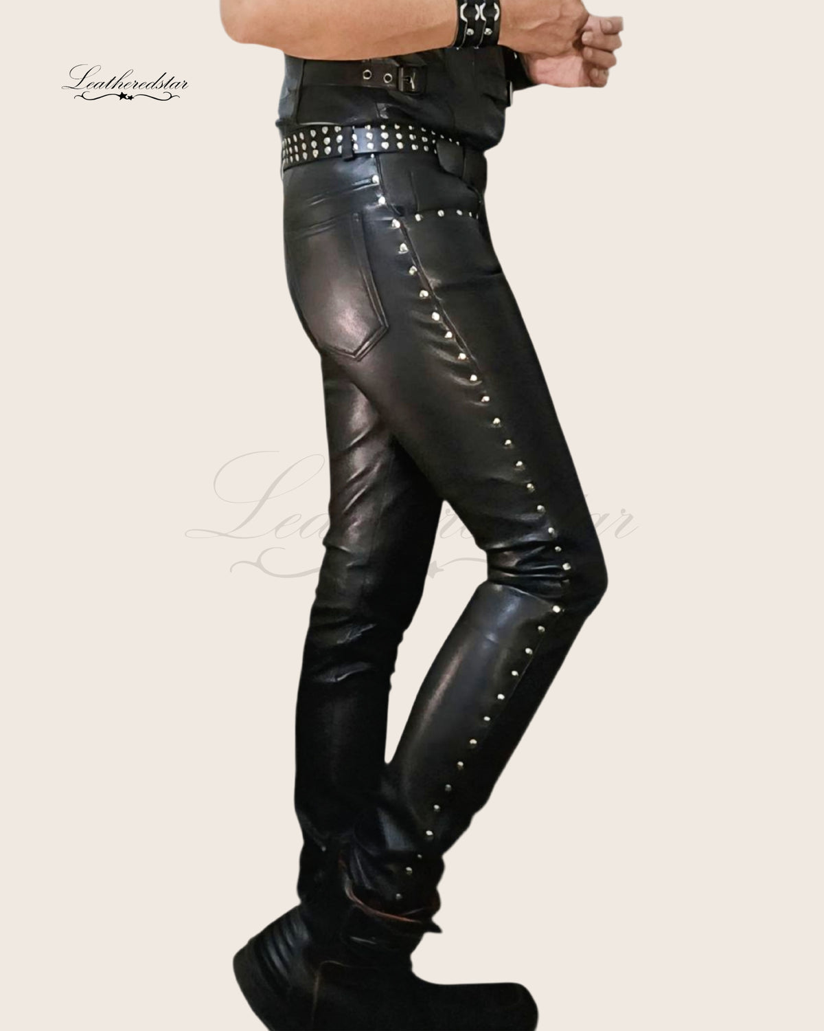 Black Skintight Leather Jeans with Metal Studs