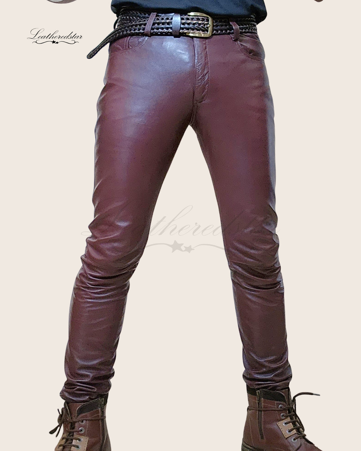 Burgundy Skintight Casual Wear Leather Jeans