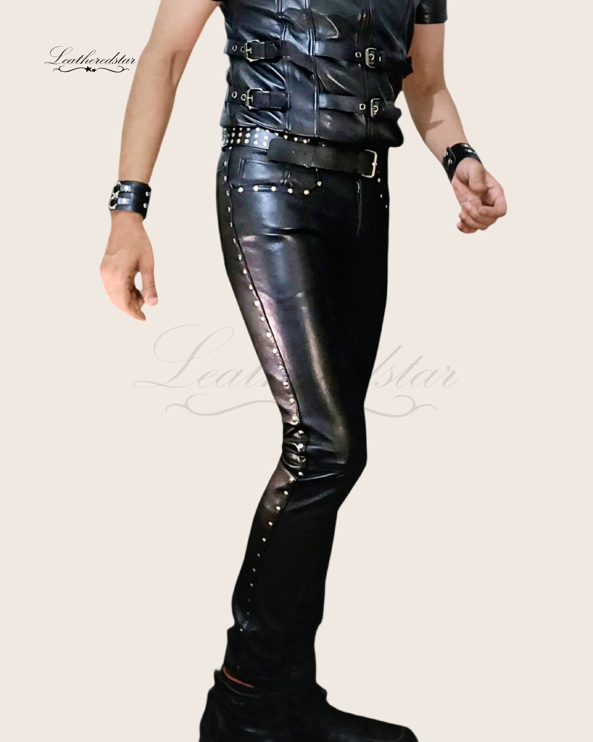 Black Skintight Leather Jeans with Metal Studs