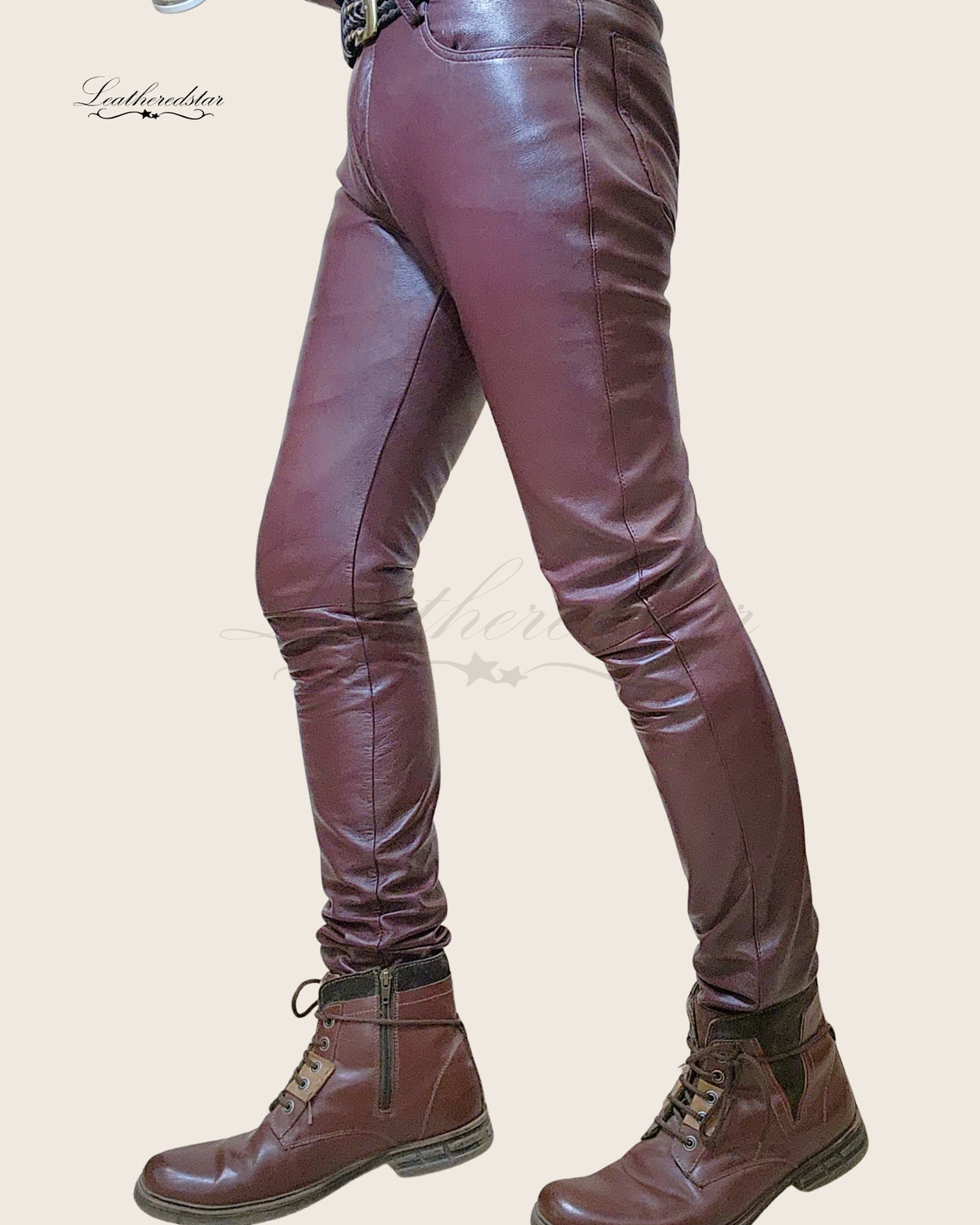 Burgundy Skintight Casual Wear Leather Jeans