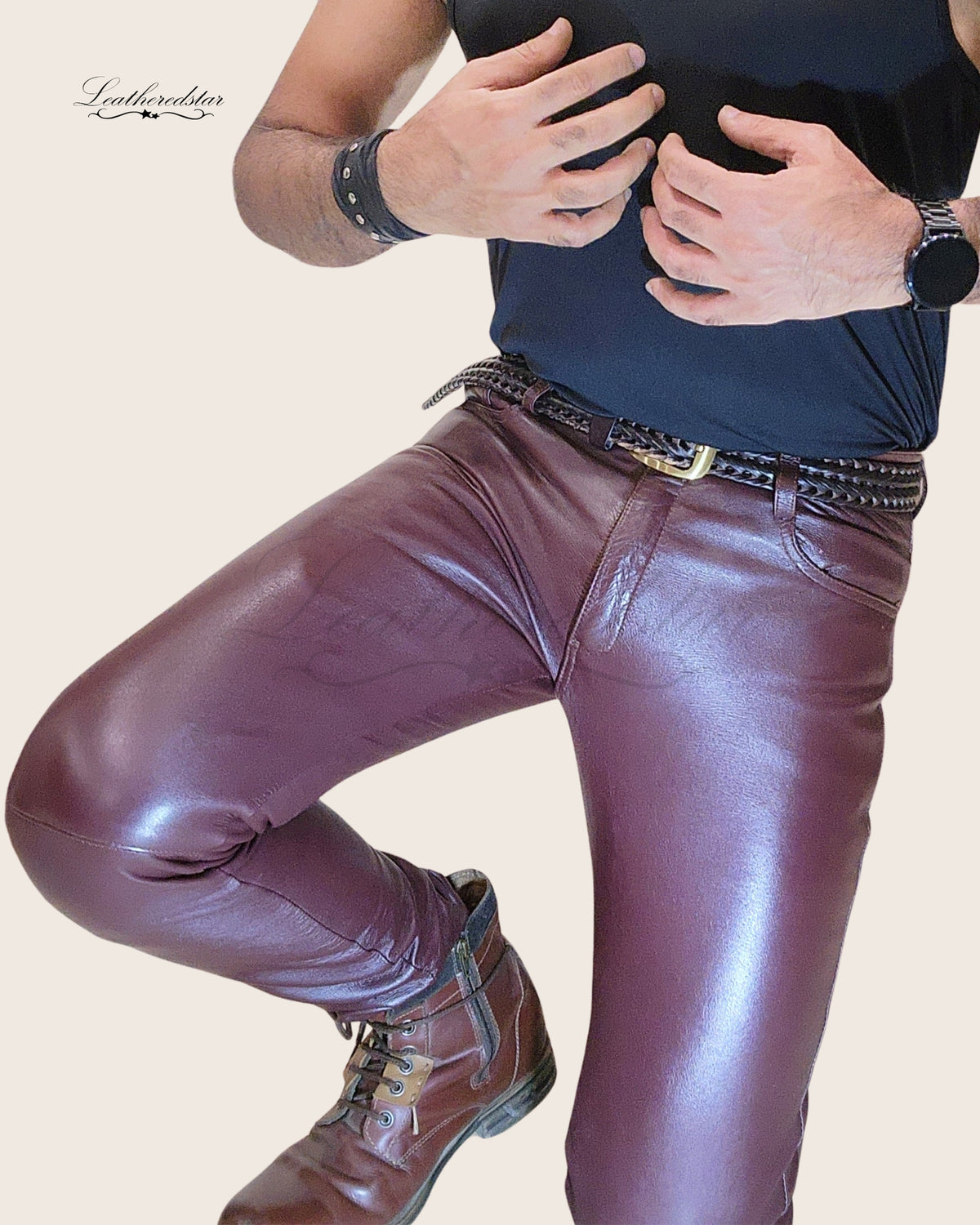 Burgundy Skintight Casual Wear Leather Jeans
