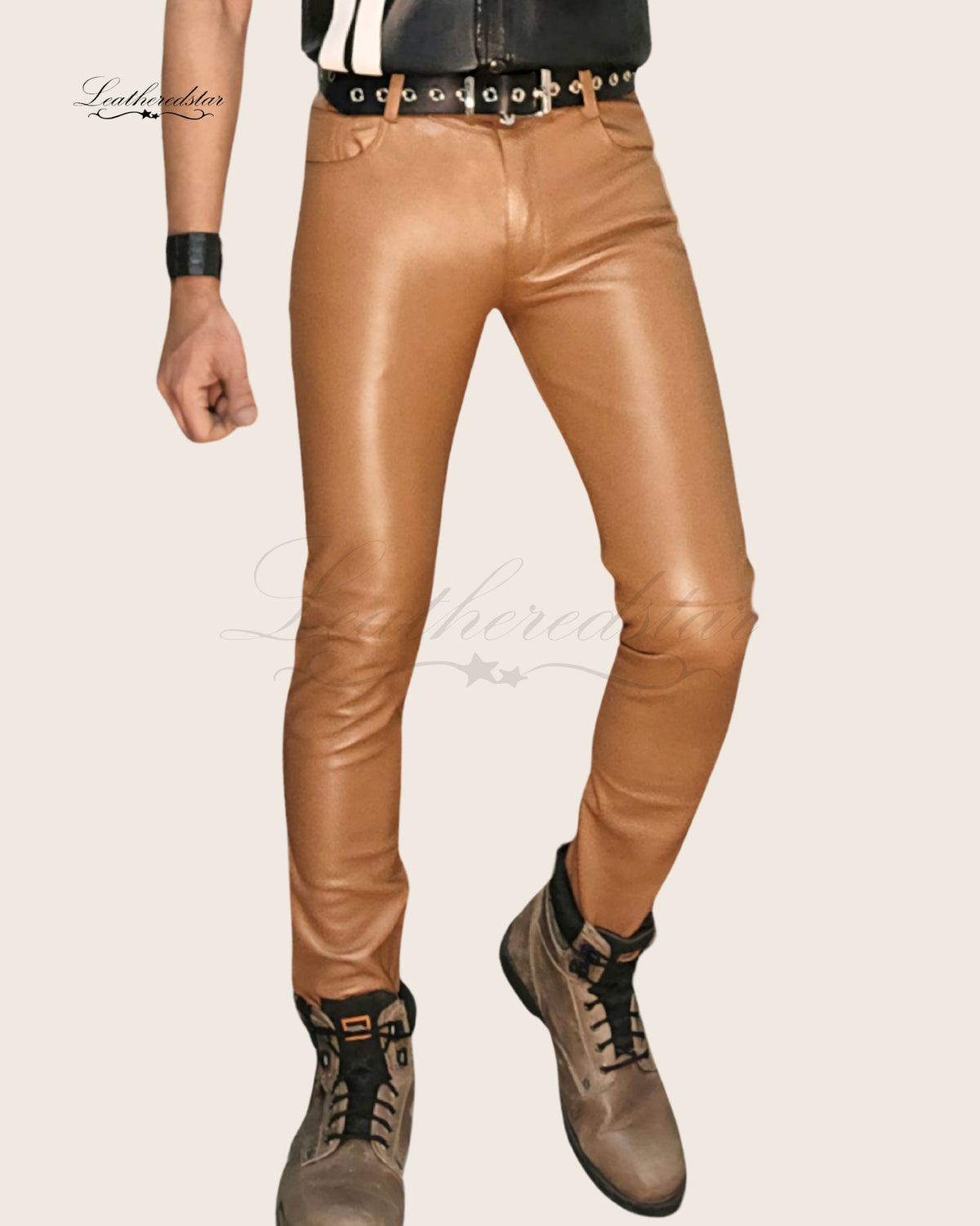 Camel Beige Skin Tight Skinny Leather Jeans