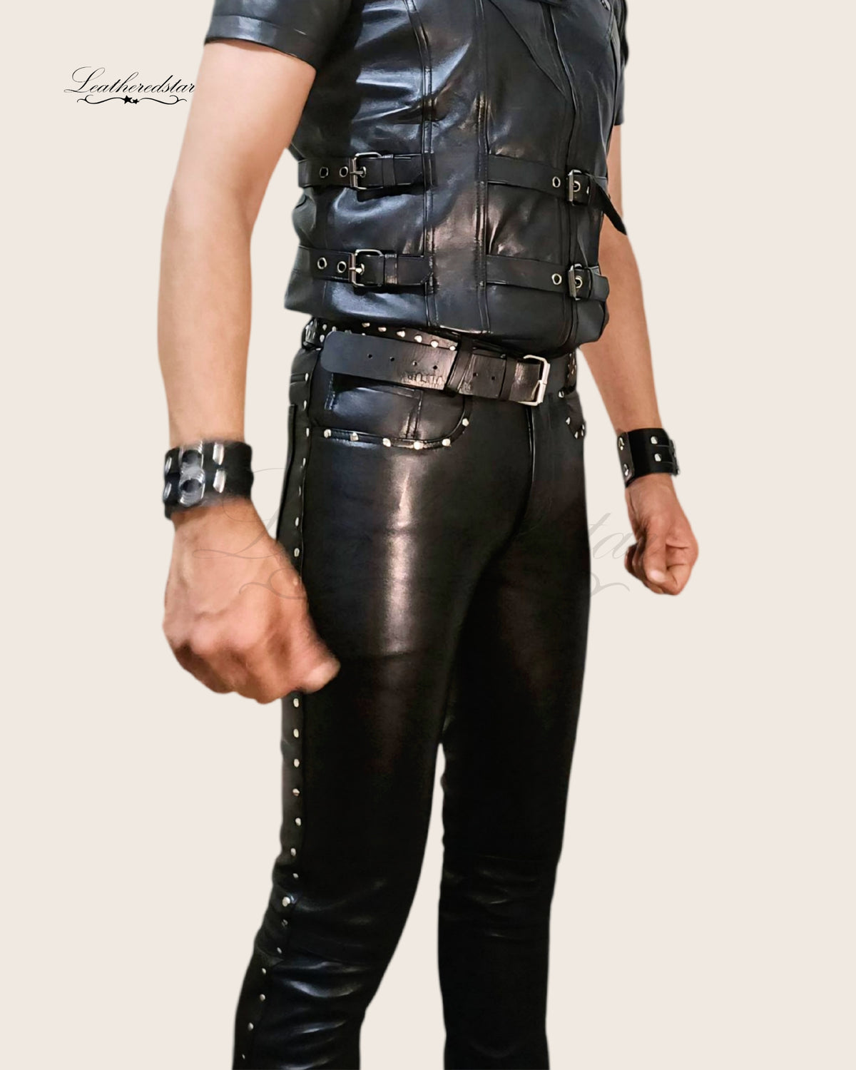 Black Skintight Leather Jeans with Metal Studs