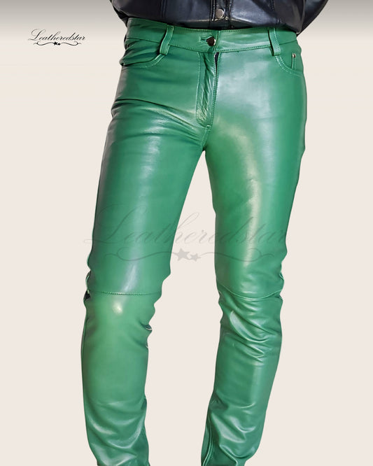 Light Green Super Skintight Skinny Leather Jeans