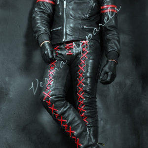 Lace up Red and black front and back leather jeans 2