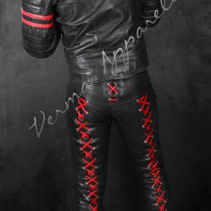 Lace up Red and black front and back leather jeans 3