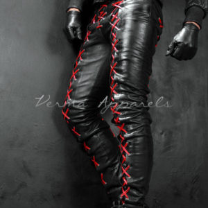 Lace up Red and black front and back leather jeans 4